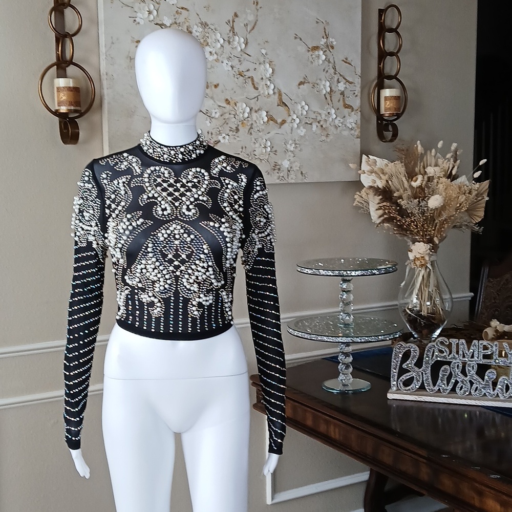 Banjul Black Beaded Long-Sleeve Crop Sheer Cocktail Mock Neck Top. Size M - Picture 7 of 17